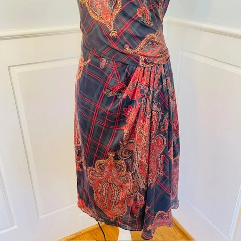 Lauren Ralph Lauren Silk Dress Paisley Plaid Wrap Style Midi Sleeveless 14